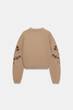 ZARA ТРИКОТАЖНЫЙ КАРДИГАН С ВЫШИВКОЙ И БУСИНАМИ, РЫЖЕВАТО-КОРИЧНЕВЫЙ