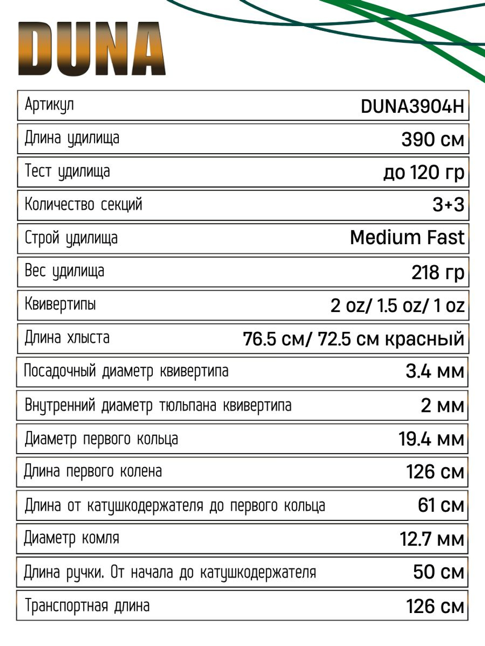 Удилище фидерное "DUNA" тест до 120гр, 3.90м, 3+3 (2oz, 1,5oz ,1oz Carb.)Carb 30 T+40T