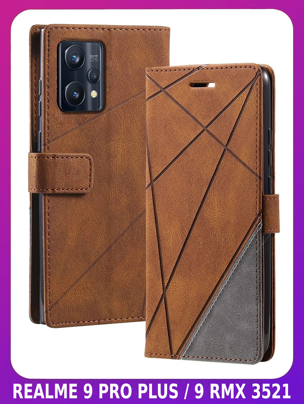 Дизайнерский чехол-книжка из кожи для REALME 9 PRO+ и 9 4G (3521) с отделом для наличных, 3 слотами для карт и подставкой