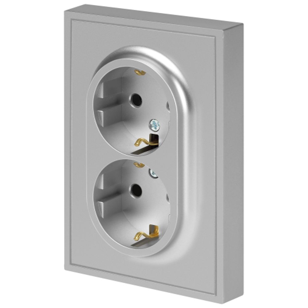 Розетка ЭРА Galaxy 15-2105-03 с заземлением двойная 2X2P+E Schuko со шторками IP20 16А-250В алюминий | Эра Galaxy