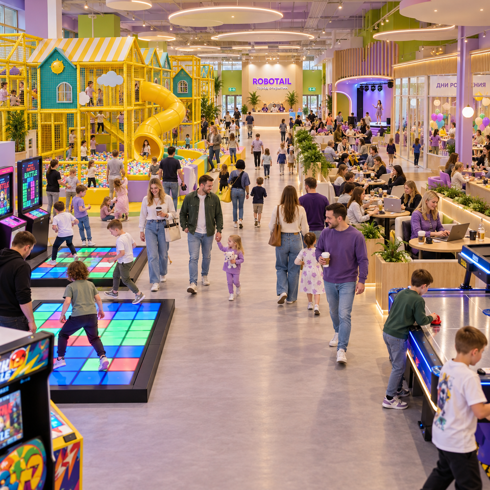 Визуализация игрового центра 1000 м² «Город открытий»: лабиринт, интерактивные площадки и кафе с семьями