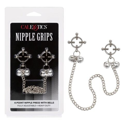 Металлические зажимы для сосков на цепочке Nipple Grips 4-Point Nipple Press with Bells (Цвет: серебристый)