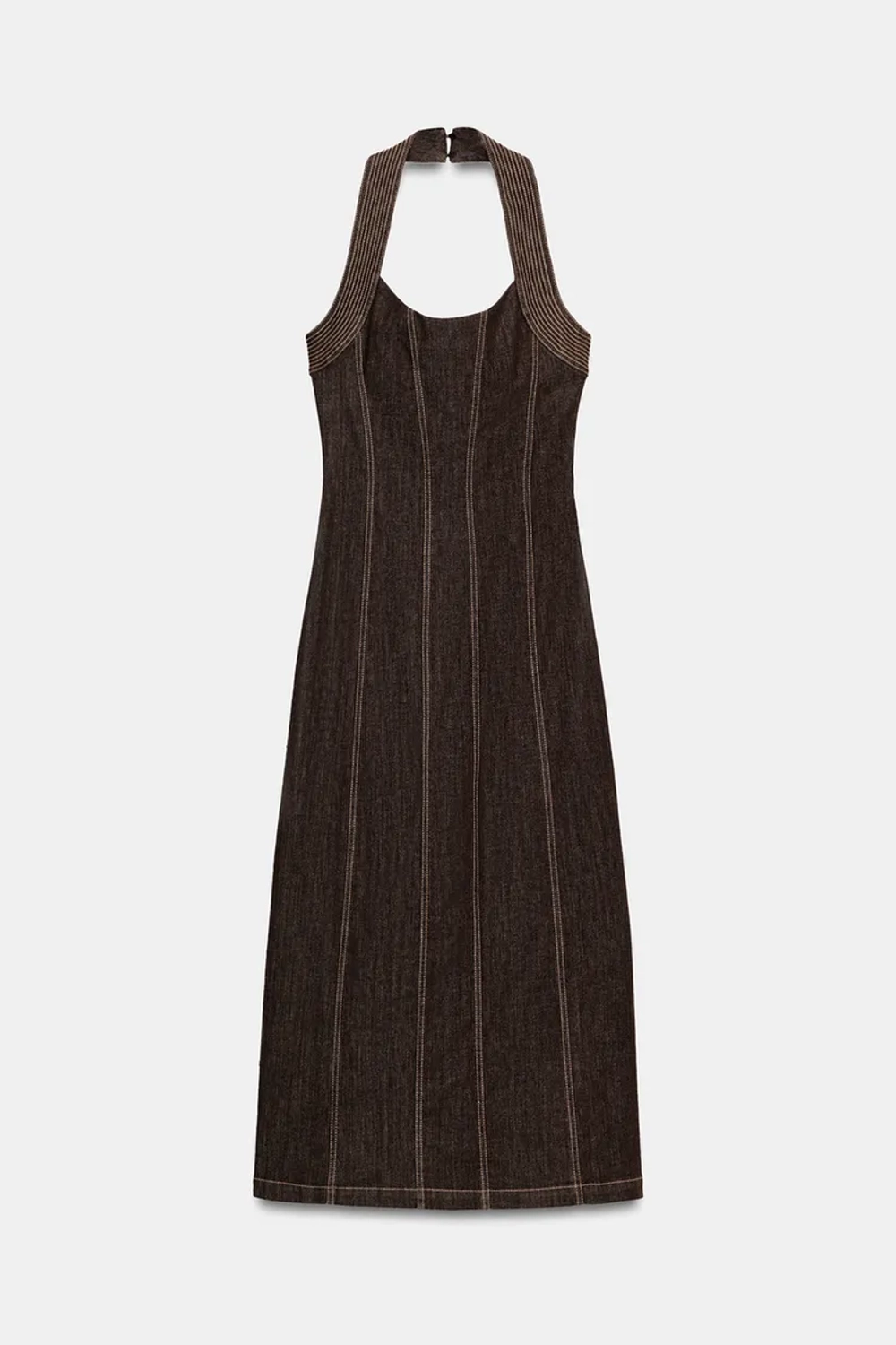 ZARA ДЖИНСОВОЕ ПЛАТЬЕ МИДИ Z1975 С ХАЛТЕРОМ, КОРИЧНЕВЫЙ