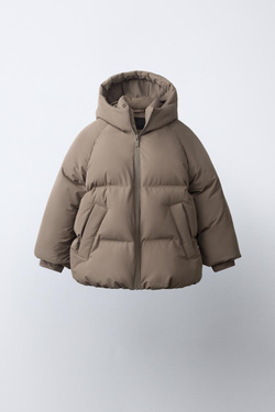 ZARA СТЕГАНОЕ ПАЛЬТО С КАПЮШОНОМ WATER REPELLENT, СЕРОВАТО-КОРИЧНЕВЫЙ