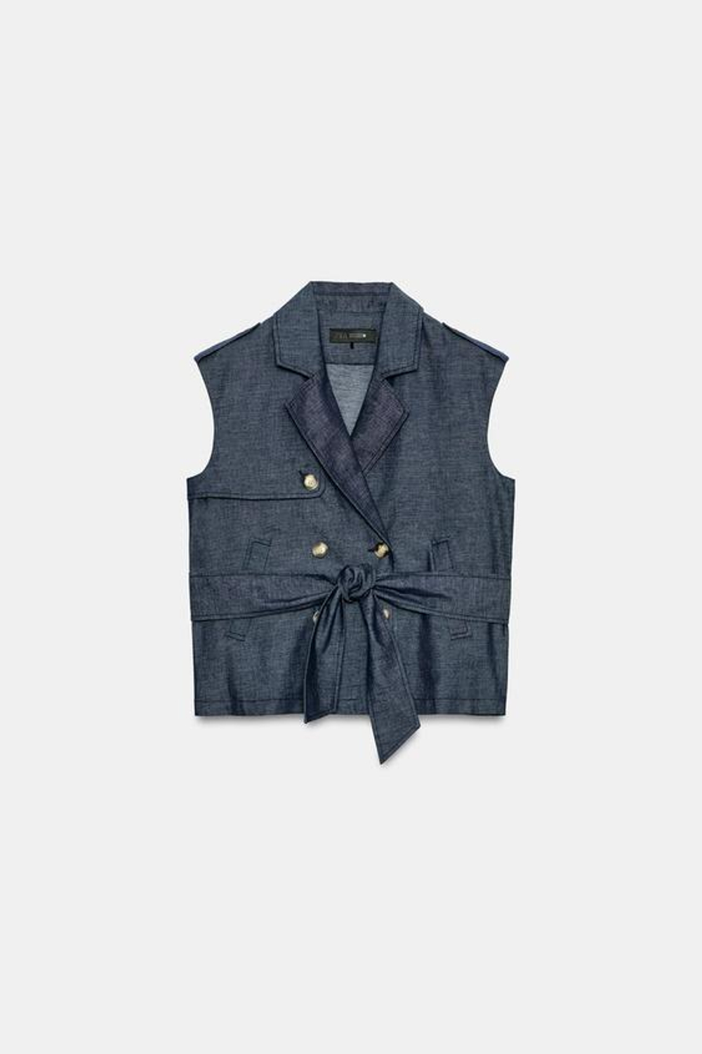 ZARA ЖИЛЕТ ИЗ ЛЬНА С ПОЯСОМ, ИНДИГО