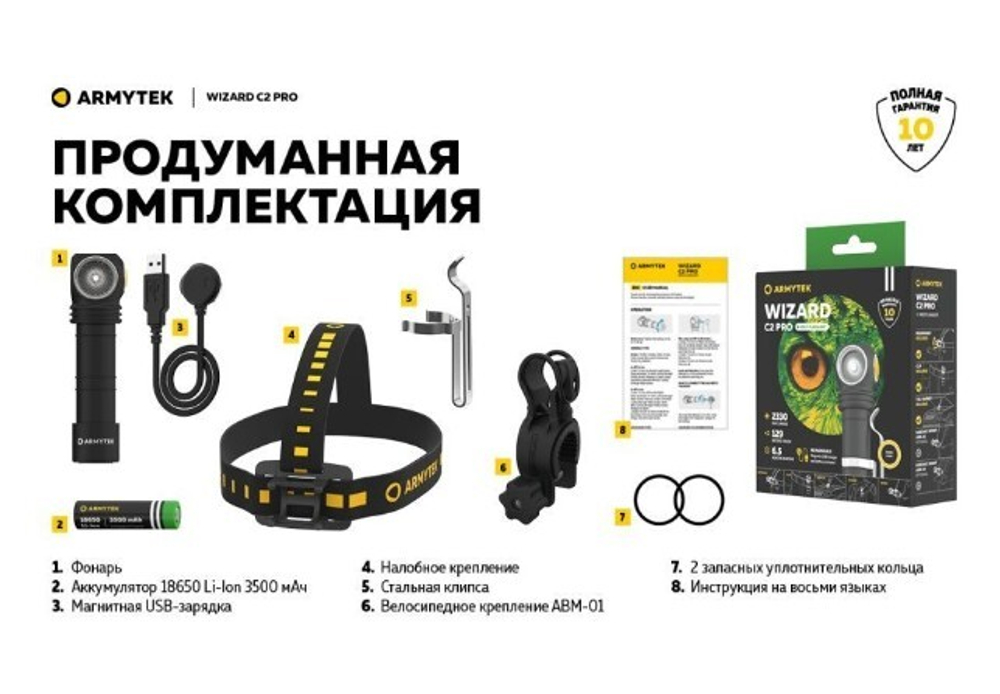 Мультифонарь Armytek Wizard C2 Pro Magnet USB Теплый, F08701W