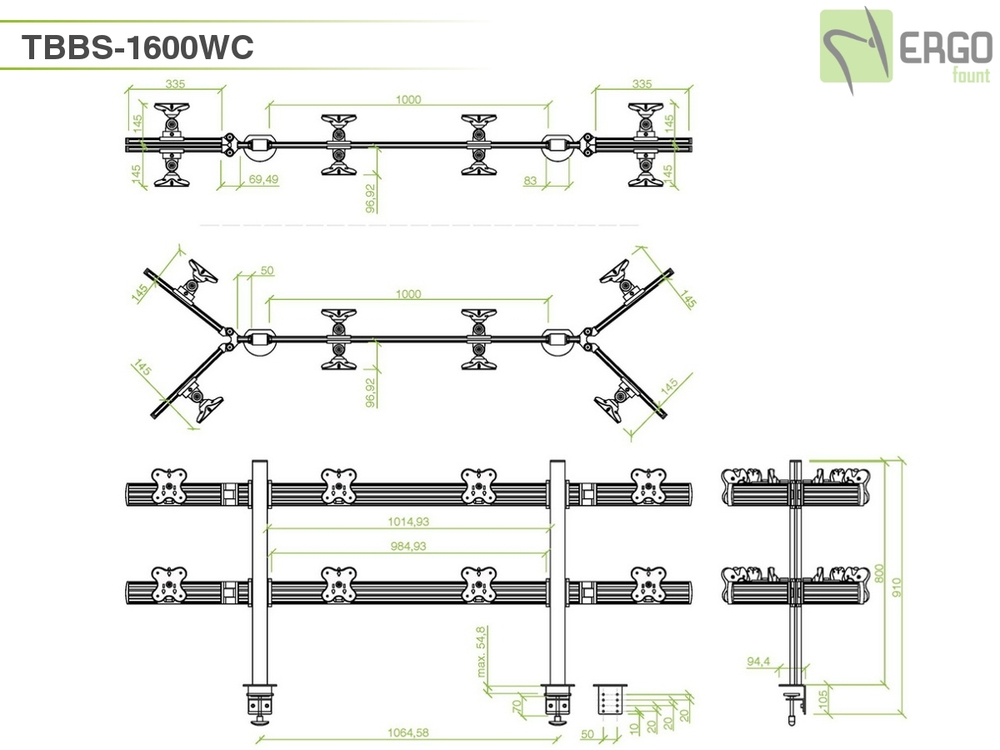 ErgoFount TBBS-1600WC Настольное крепление back-to-back для 16 мониторов диагональю до 24'' конфигурации 2х4 с зажимом к столу типа "С". Цвет - серебристый