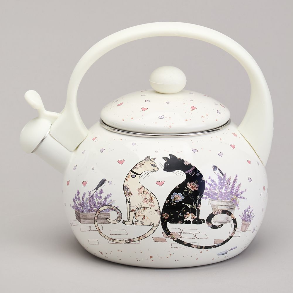ЧАЙНИК AGNESS ЭМАЛИРОВАННЫЙ СО СВИСТКОМ СЕРИЯ "LAVENDER CATS", 2,2 Л