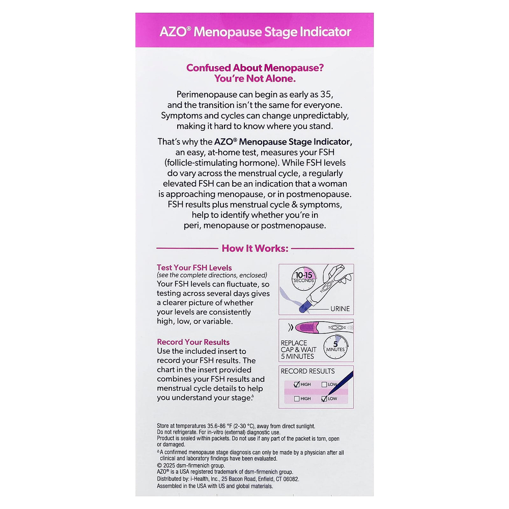 AZO, Menopause Relief, индикатор фазы менопаузы, 5 тестов на ФСГ