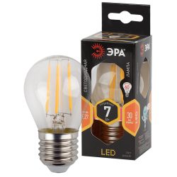 Лампа светодиодная ЭРА F-LED P45-7W-827-E27 7Вт филамент шар теплый белый свет Е27 | Филаментные декоративные