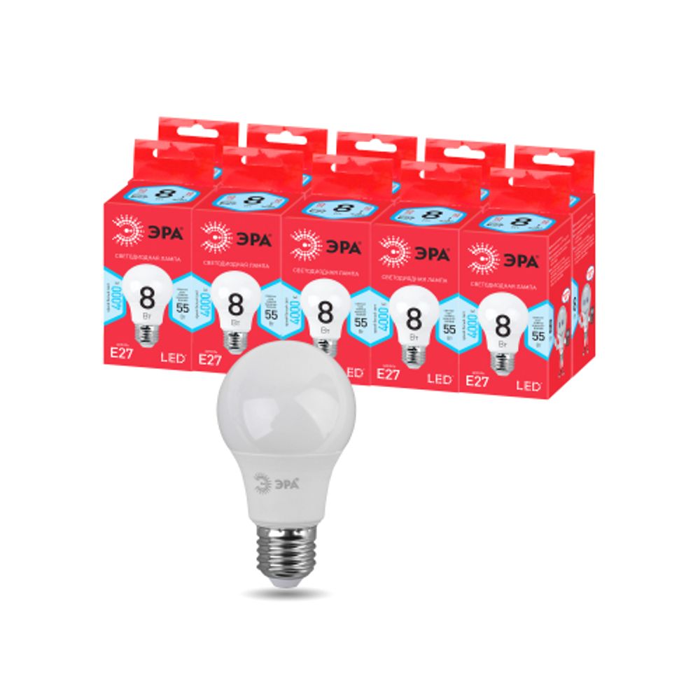 Лампа светодиодная ЭРА RED LINE ECO LED A55-8W-840-E27 8Вт груша нейтральный белый свет Е27 | Лампы cветодиодные Груша (A)