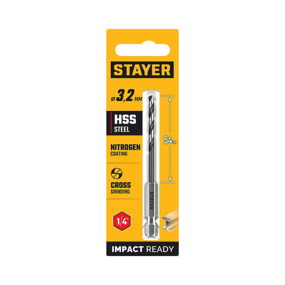 STAYER НЕХ-1/4″, d 3.2 х 89 мм, сверло по металлу для винтовёртов и шуруповертов IMPACT READY (29603-3.2)