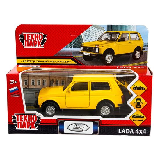 Машина металл LADA 4x4 12 см, двери, багаж, инерц, желтый, кор. Технопарк