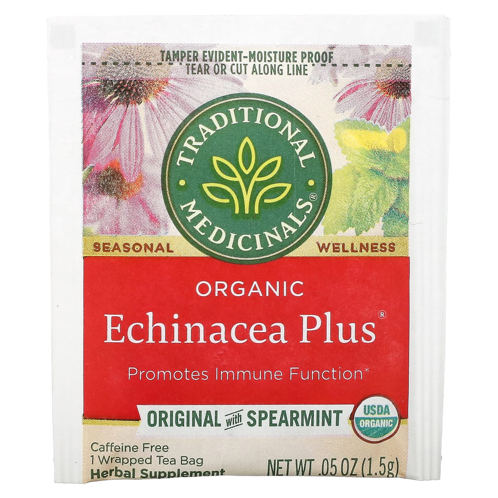 Traditional Medicinals, органическая эхинацея Plus®, оригинальная с мятой, без кофеина, 16 чайных пакетиков, 24 г (0,85 унции)