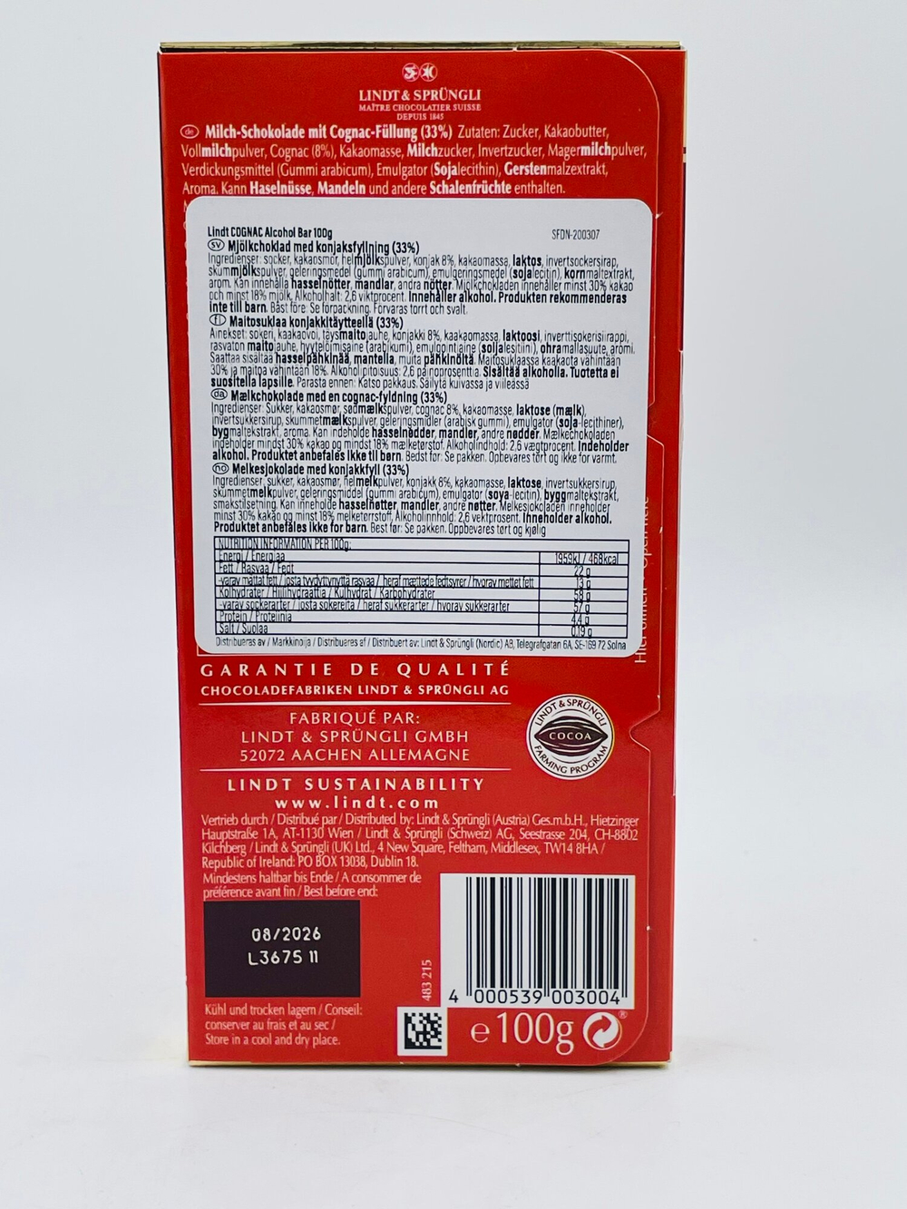 Молочный шоколад Lindt Cognac-Füllung Коньячный ликер 100 г (Германия)