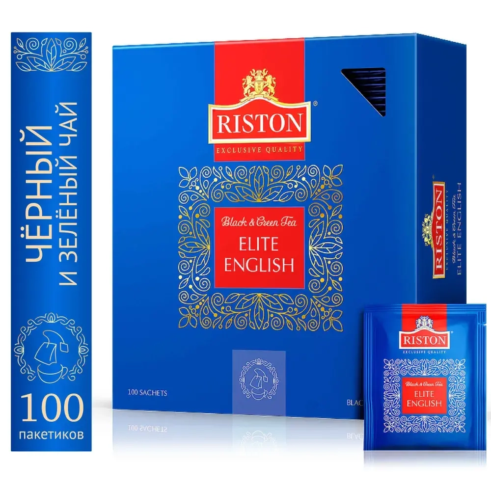 Чай черный и зеленый в пакетиках, зеленый Riston Английский Элитный, 100 шт