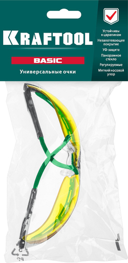 KRAFTOOL BASIC, открытого типа, жёлтые, стекло-моноблок с покрытием устойчивым к истиранию и запотеванию, защитные очки (110318)