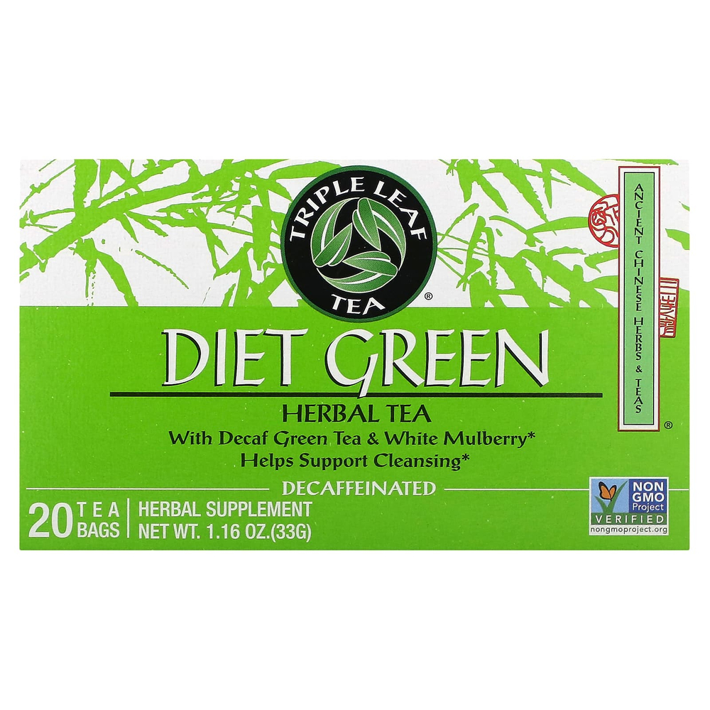 Triple Leaf Tea, диетический зеленый травяной чай, без кофеина, 20 чайных пакетиков, 33 г (1,16 унции)