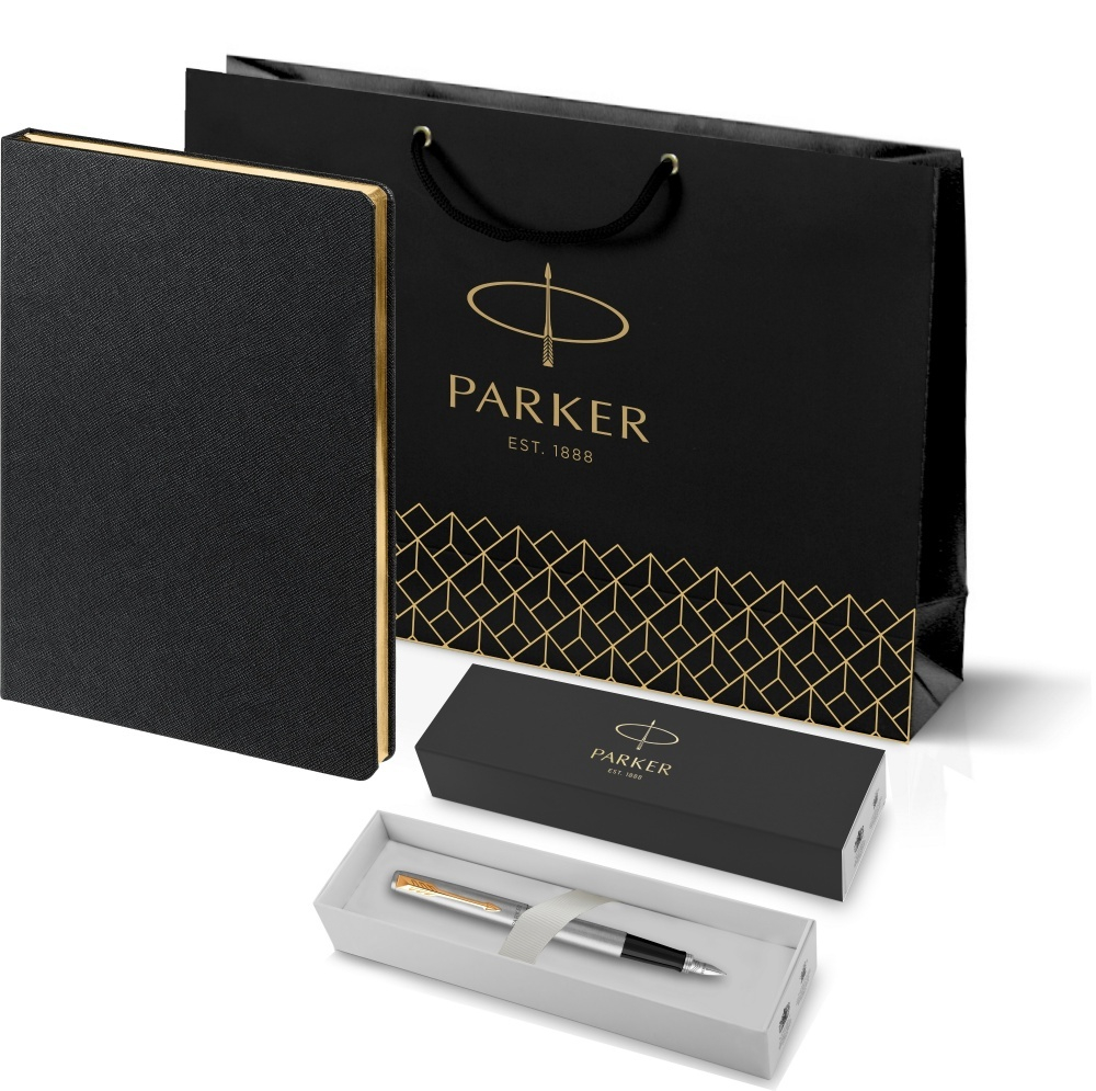 Подарочный набор: Ручка перьевая Parker Jotter Stainless Steel GT и Ежедневник недатированный черный с золотистым срезом