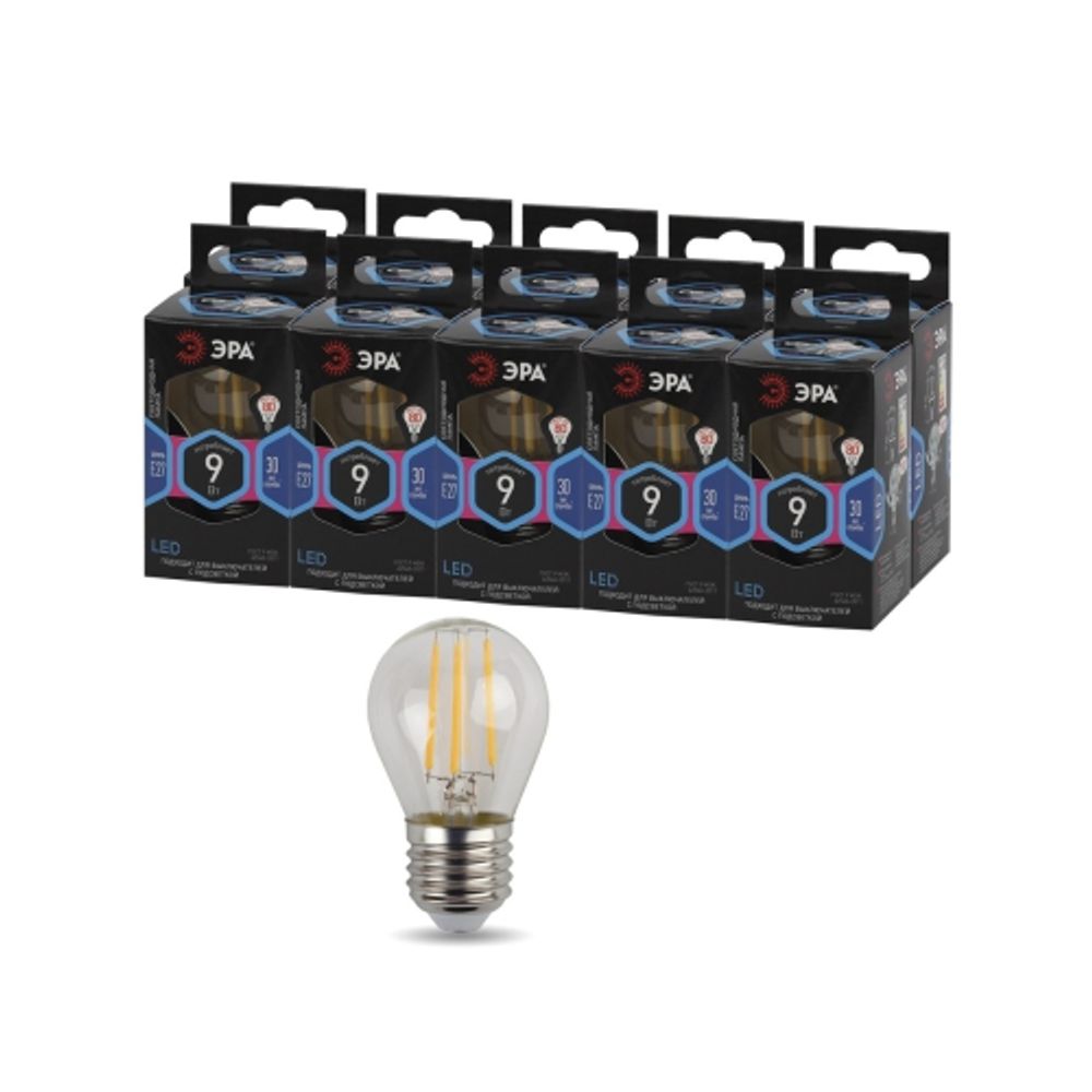 Лампа светодиодная ЭРА F-LED P45-9W-840-E27 9Вт филамент шар нейтральный белый свет Е27 | Филаментные декоративные