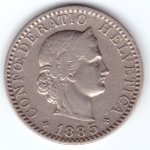 20 раппенов 1885 год. Швейцария. Никель VF-XF