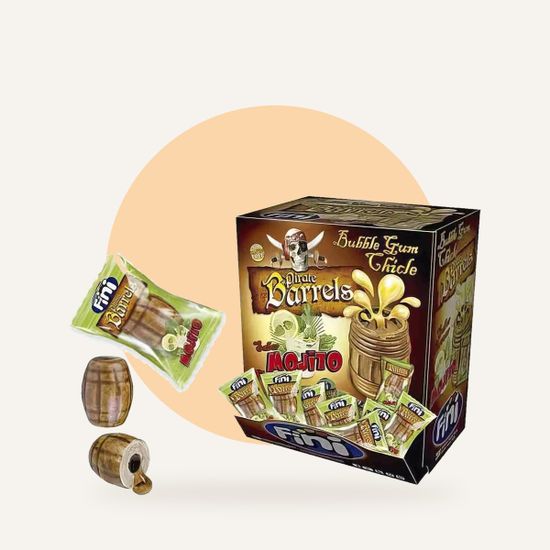 Жевательная резинка Fini Pirate Barrels Бочки Пиратов со вкусом мохито — на фирменном фоне OH MY GEEK