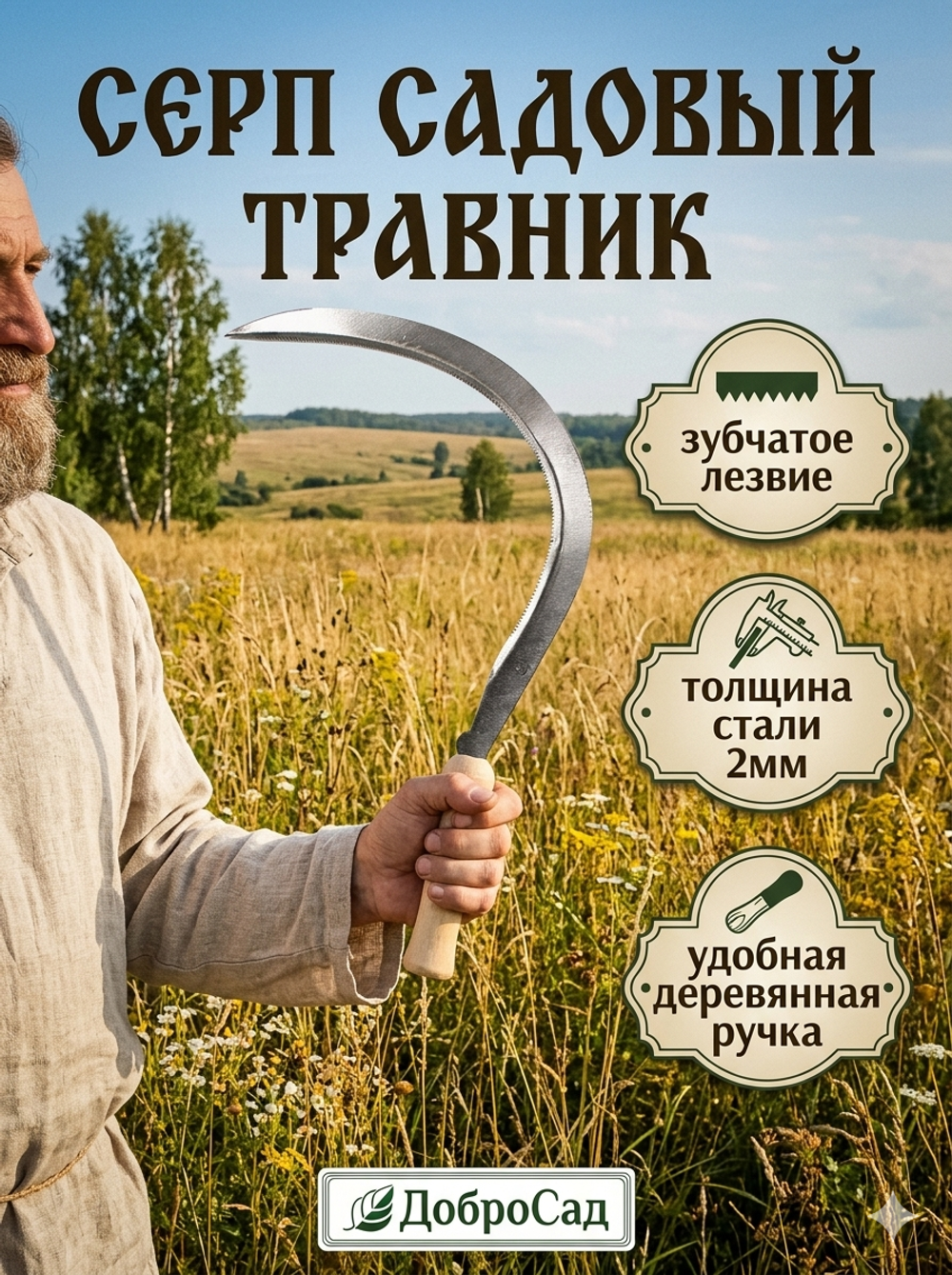 Серп «Травник» 16» деревянная ручка
