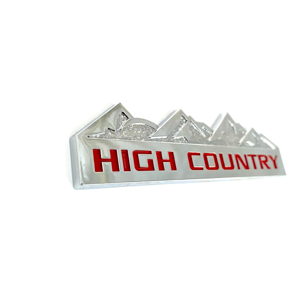 Накладки/наклейки High Country объемные ("Горная страна" 12,5х3,5см). Серебристый с красной надписью