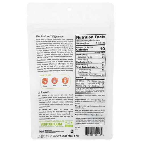 Sunfood, порошок из органической черной маки, 113 г (4 унции)