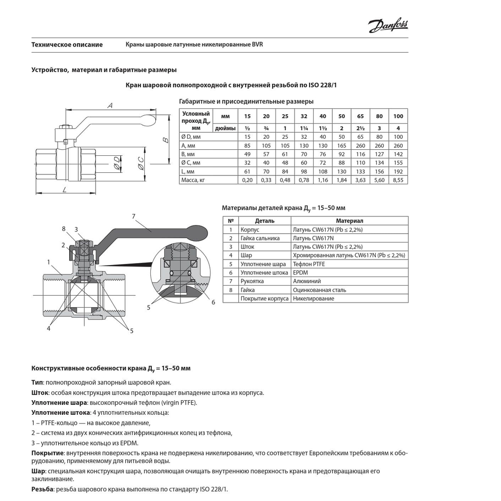 Danfoss BVR DN20 (065B8208) Кран 3/4" Вр/Вр шаровой запорный муфтовый