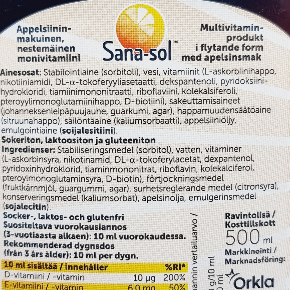 Жидкие поливитамины Sana-Sol со вкусом апельсина, 500 мл (из Финляндии)