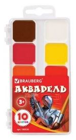 Краски акварельные BRAUBERG "АКАДЕМИЯ", 10 цветов, медовые, квадратные кюветы, пластиковый пенал, 190550