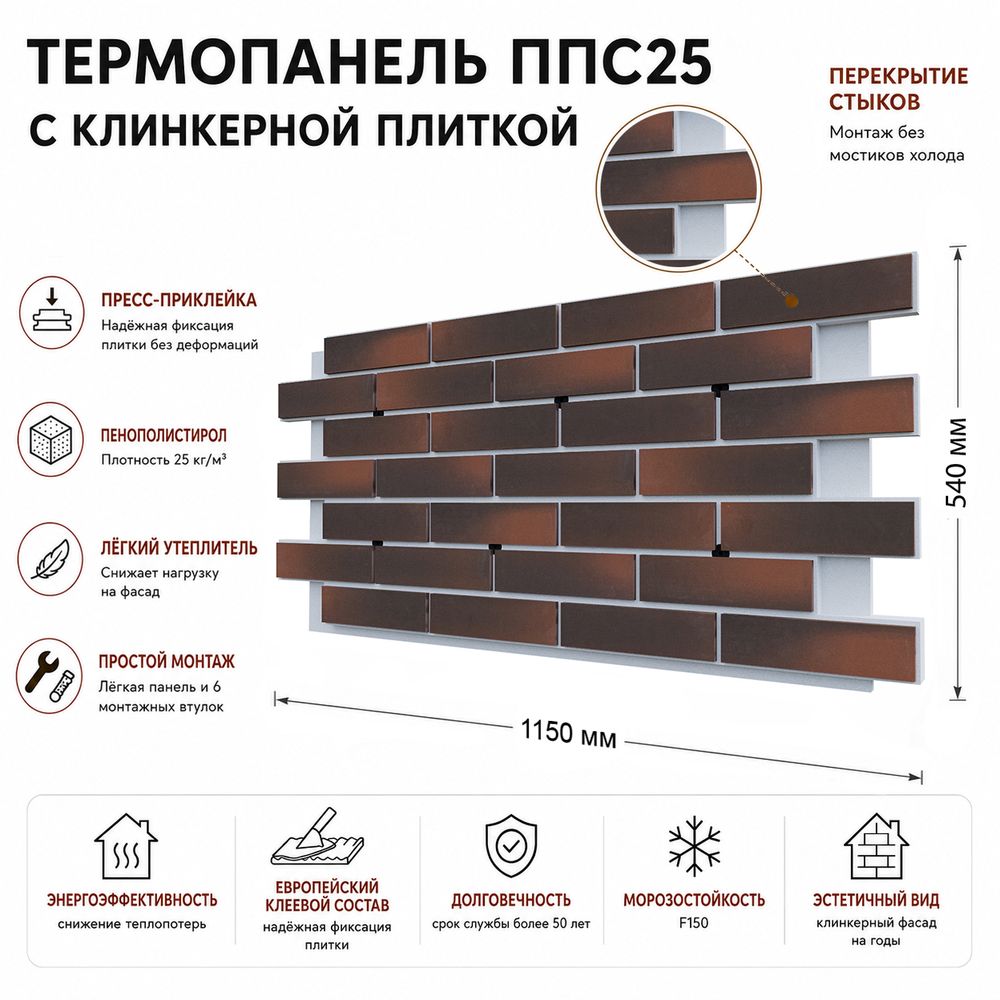 Клинкерная фасадная термопанель ППС25 Береза Керамика Арта Терракотовый 1150x540