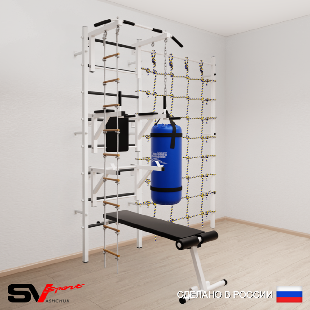 Шведская стенка Sv Sport 59230 (Турник стандарт/Брусья/Стойка/Скамья/Лестница/Цепь/Мешок 30кг/Канатный лаз)