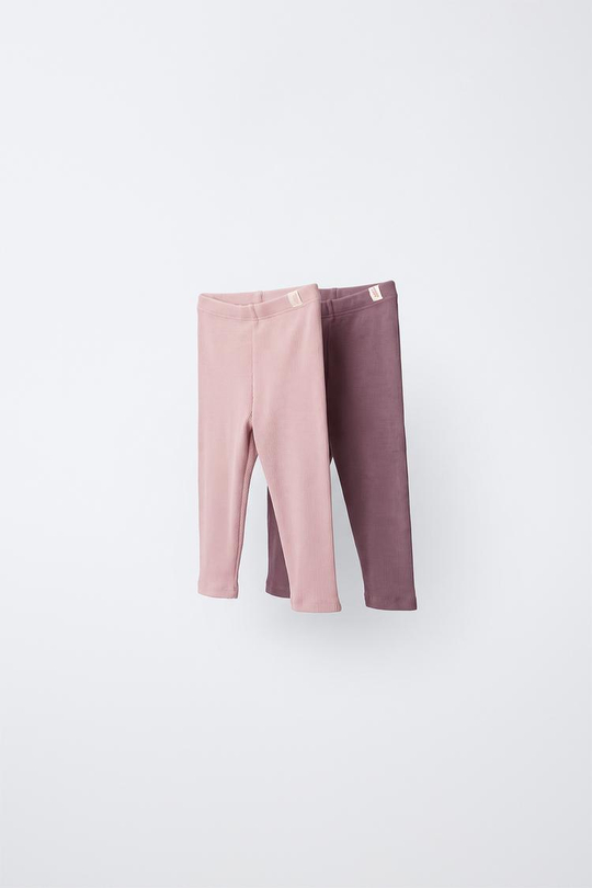 ZARA НАБОР ИЗ ДВУХ ОДНОТОННЫХ ЛЕГИНСОВ В РУБЧИК, РОЗОВЫЙ/ЛИЛОВЫЙ