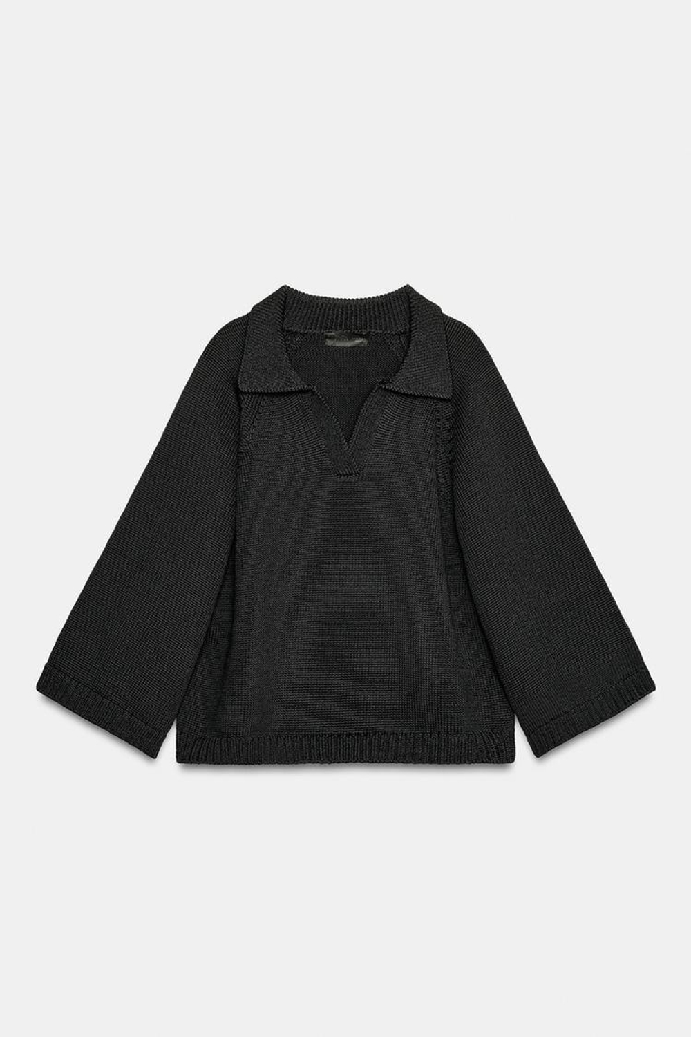 ZARA ТРИКОТАЖНЫЙ СВИТЕР С ВОРОТНИКОМ ПОЛО, ЧЕРНЫЙ