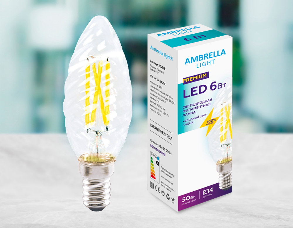 202126 Filament LED C35 6W E14 6400K (50W) 220-240V