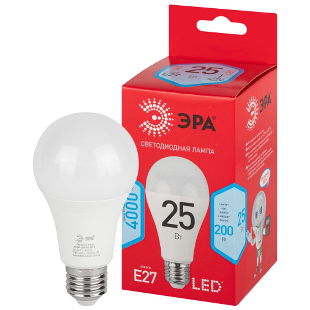 Лампа светодиодная ЭРА RED LINE LED A65-25W-840-E27 R 25Вт груша нейтральный белый свет Е27 | Лампы cветодиодные Груша (A)