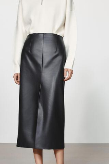 ZARA ПРЯМАЯ ЮБКА ПОД КОЖУ ZW COLLECTION, ЧЕРНЫЙ