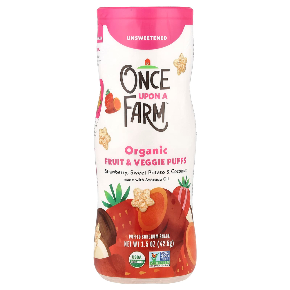 Once Upon A Farm, органические колечки из фруктов и овощей, гусиные лапки, клубника, батат и кокос, без подсластителей, 42,5 г (1,5 унции)