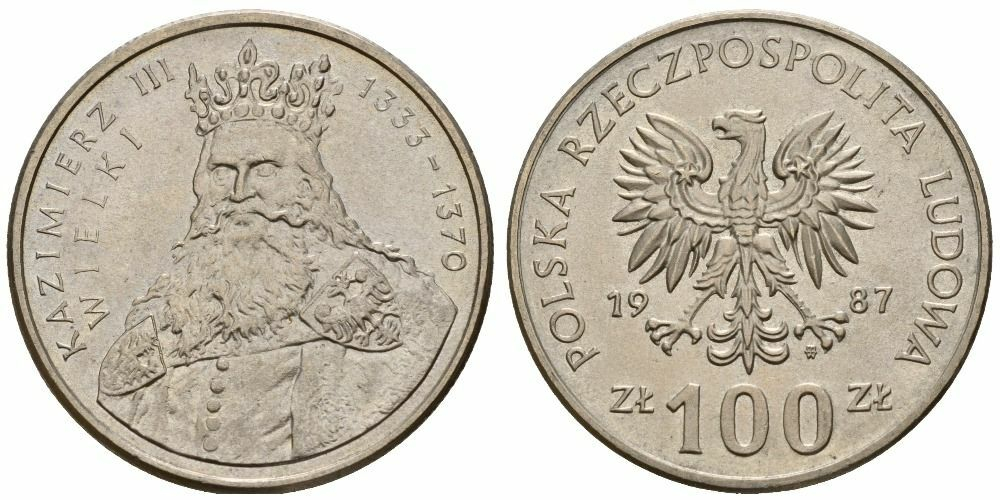 Польша 100 злотых, 1987 Король Казимир III Великий XF