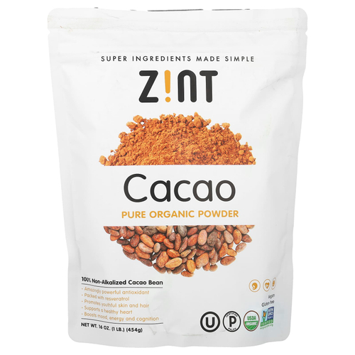 Zint, чистый органический порошок, со вкусом какао, 454 г (16 унций)