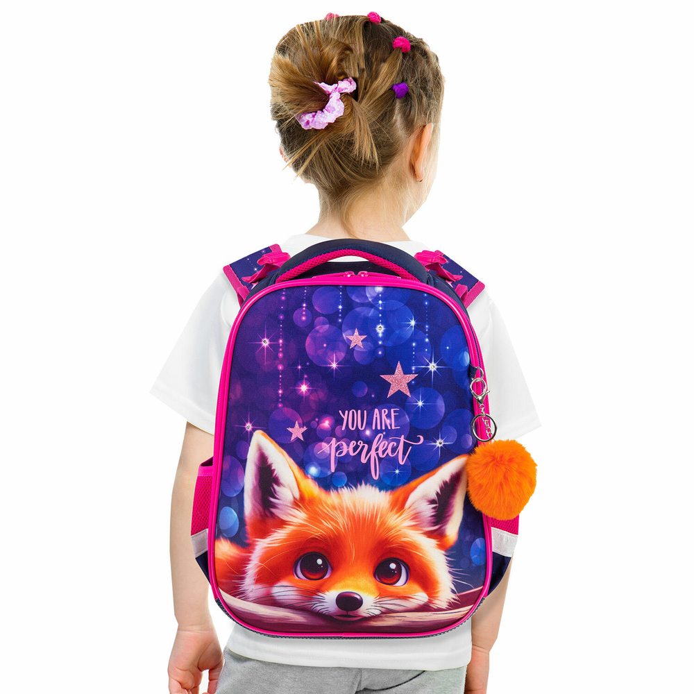 Ранец BRAUBERG PREMIUM, 2 отделения, с брелоком, "Cute fox", LED-ЛАМПОЧКИ, 38х29х16 см, 272019