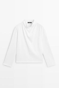 Massimo Dutti Футболка из 100% хлопка с драпированным воротом, белый