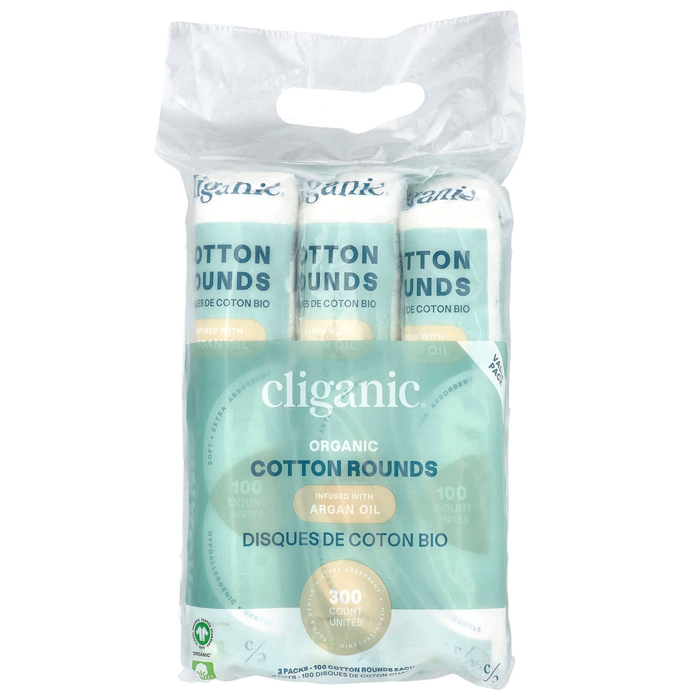 Cliganic, Круглые кружки из органического хлопка с аргановым маслом, 3 упаковки (100 шт.)
