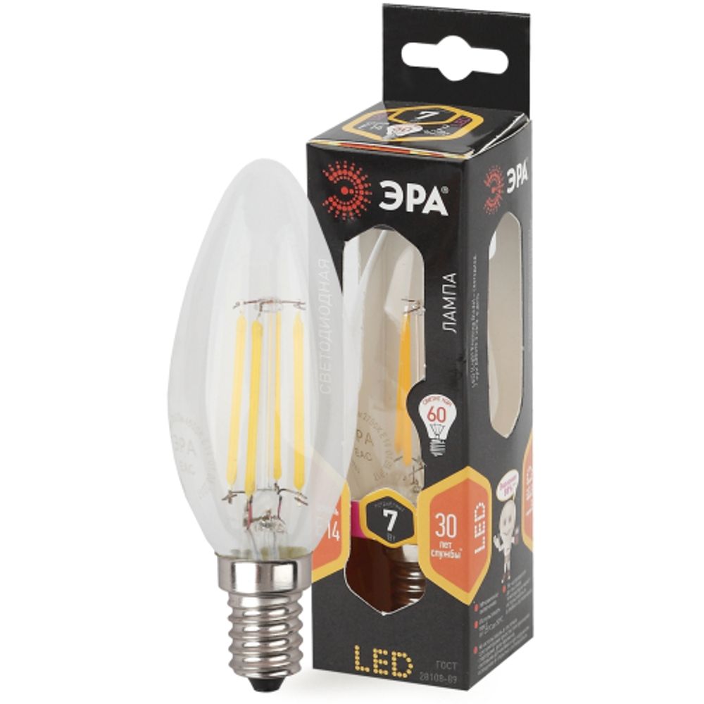 Лампа светодиодная ЭРА F-LED B35-7W-827-E14 7Вт филамент свеча теплый белый свет Е14 | Филаментные декоративные