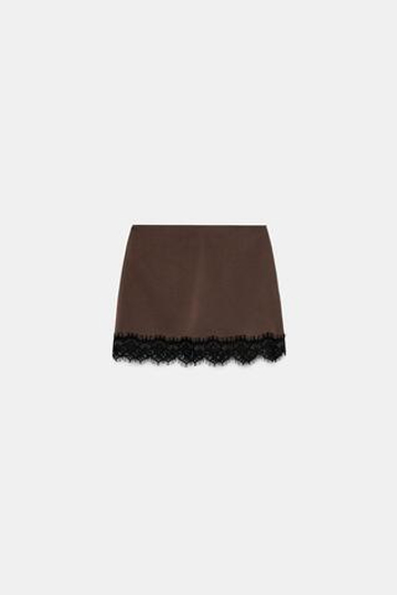 ZARA ЮБКА-ШОРТЫ С КРУЖЕВНЫМ НИЗОМ, КОРИЧНЕВЫЙ