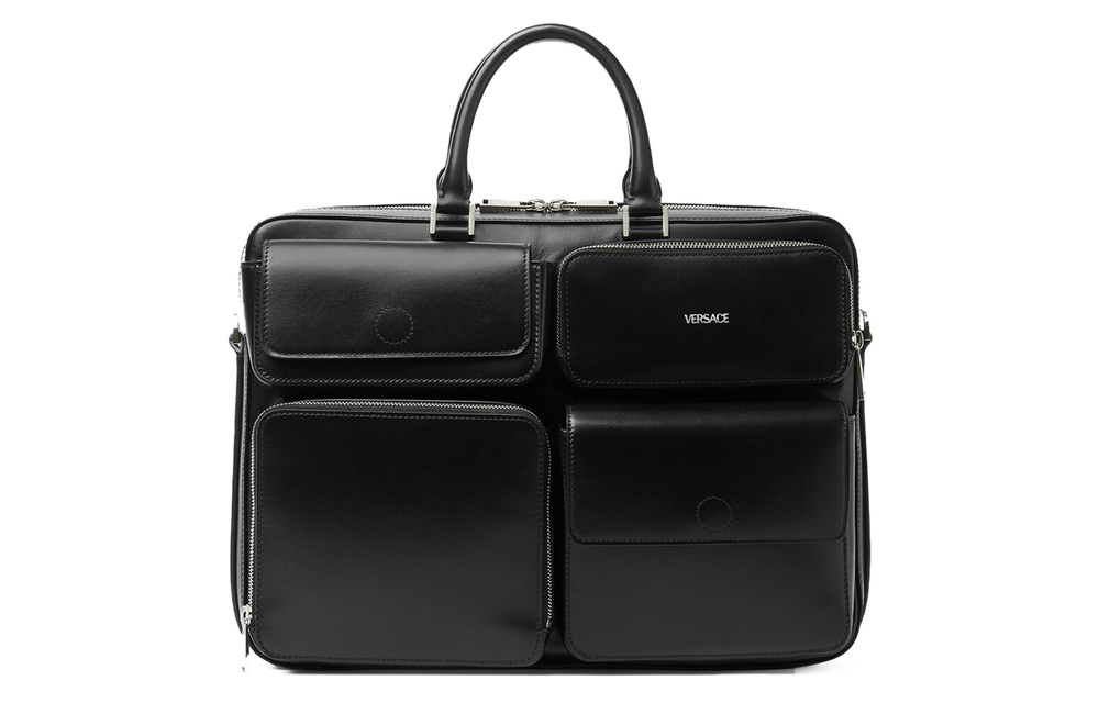 VERSACE Smooth Leather With Cow Leather One Shoulder Crossbody Handheld Briefcase Laptop Bag Men"s Black