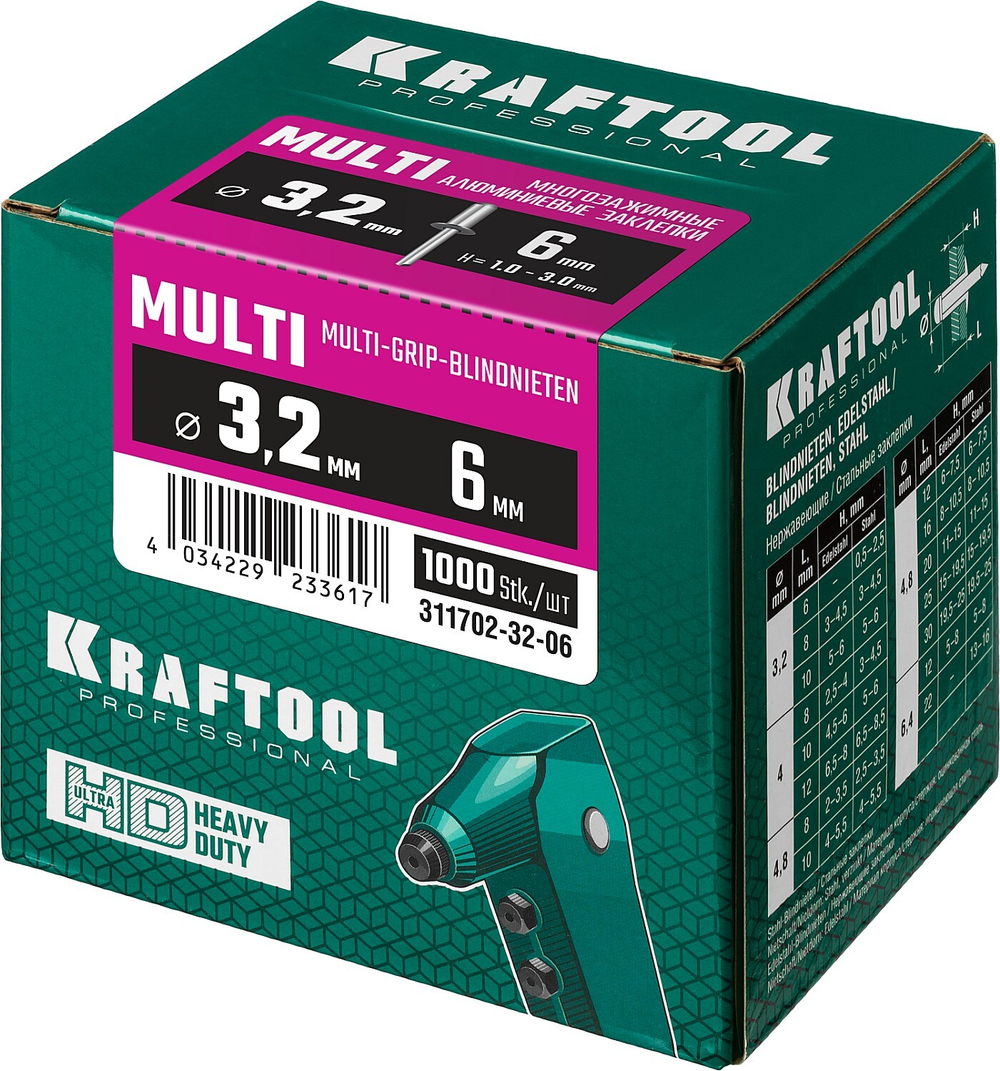 KRAFTOOL Multi (Al5052), 3.2 x 6 мм, 1000 шт, многозажимные алюминиевые заклепки (311702-32-06)