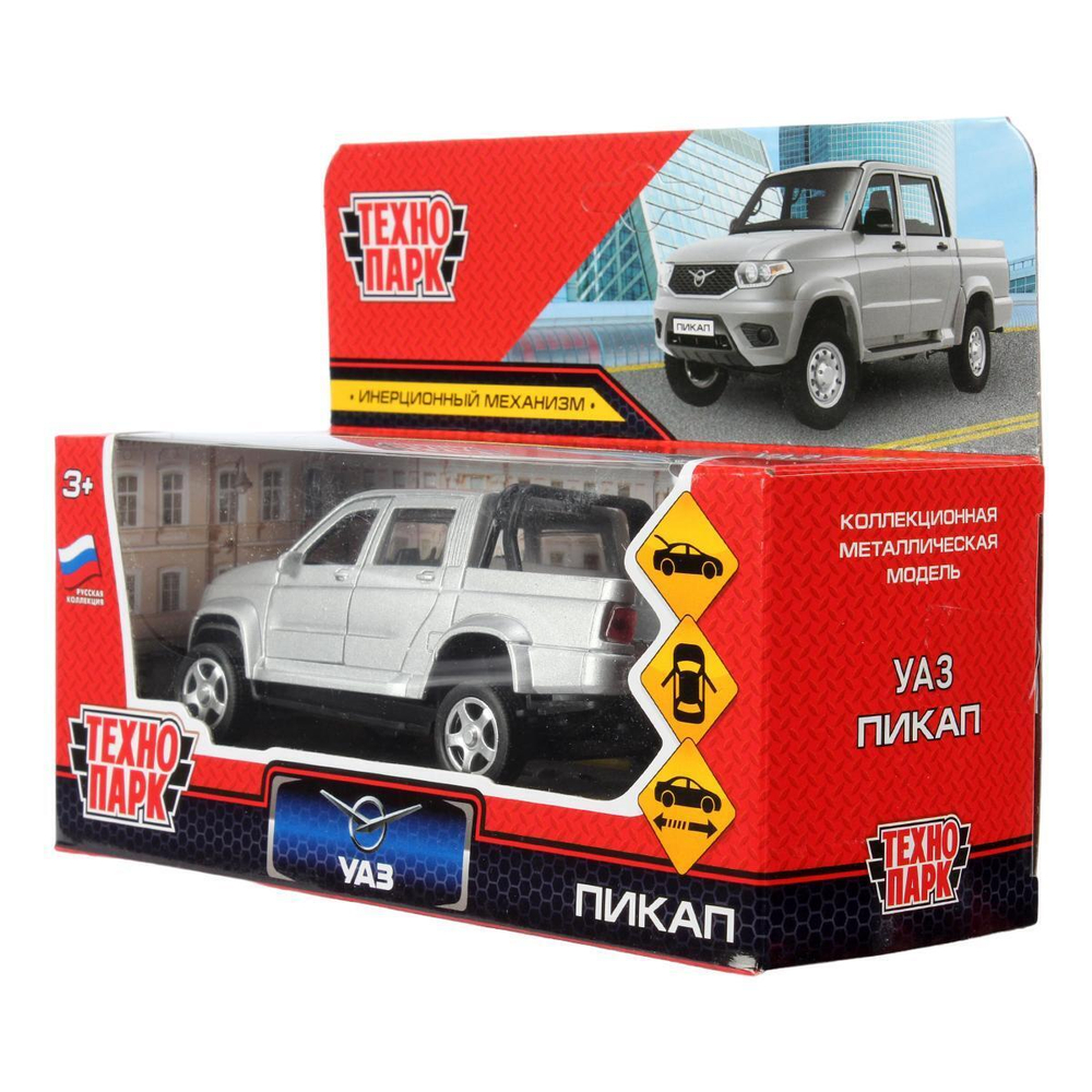Модель ин. мет. "УАЗ Пикап" 12см, двери, багаж, серебристый, коробка PICKUP-12-SR (Технопарк)